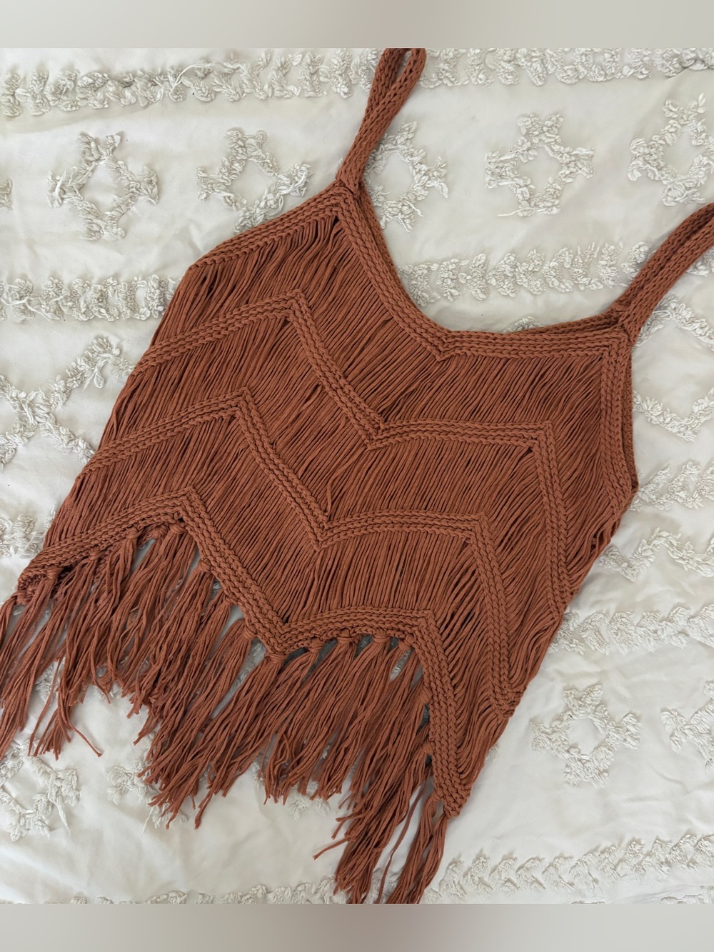 Copper Rust Tank Top Hand Woven Fringe Hem Crochet Zig Zag Weave and Hem Sz M - Picture 5 of 8